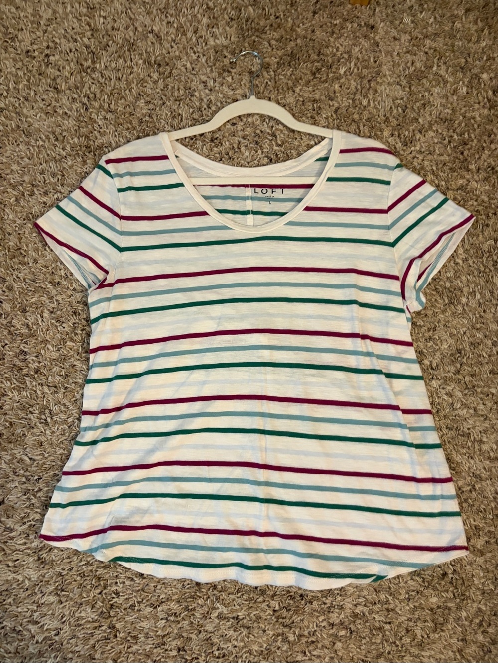LOFT White Short-Sleeve Tee with Teal and Magenta Stripes